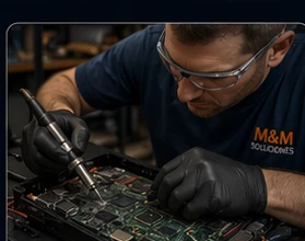 Técnico reparando placa electrónica